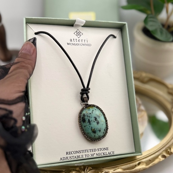 Atterri Adjustable Black Cord Necklace with Oval Reconstituted Stone Pendant - Picture 3 of 8